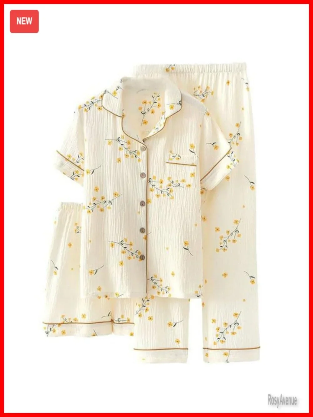Women's 3 Piece Cotton Pajama Set Short Sleeve with Long Pants